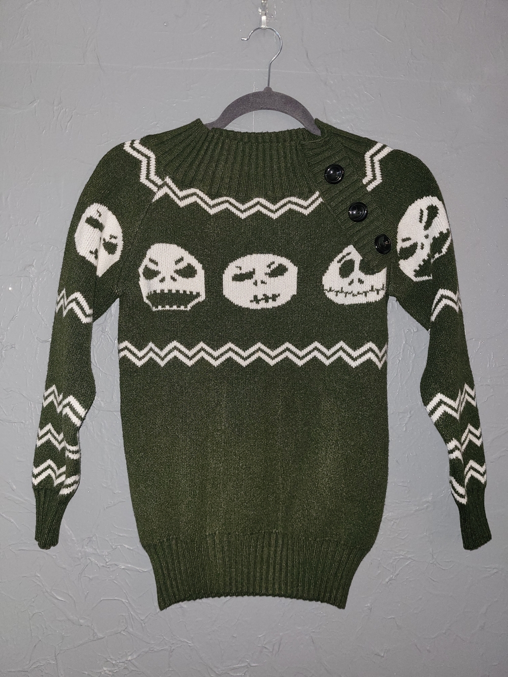 Nightmare Before Christmas Jack Olive Green Knit Sweater Button Shoulder S/M